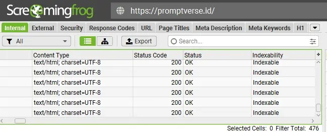Hasil audit Screaming Frog menunjukkan 0 error dan 100 persen indexability
