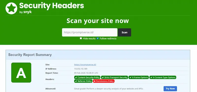 Transformasi keamanan website menjadi Grade A setelah implementasi security headers hsts dan x-frame-options