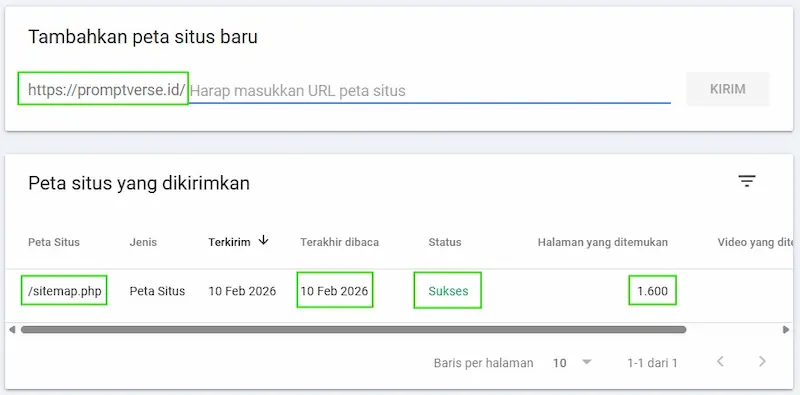 Hasil GSC menunjukkan sitemap sukses dengan 1.600 halaman bersih