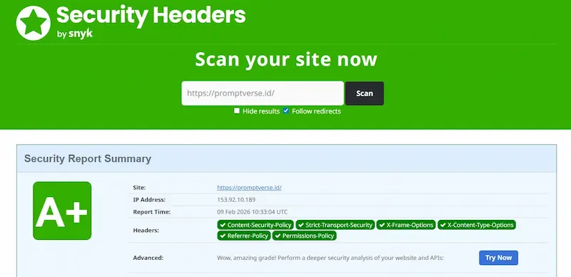 Bukti otentik skor keamanan website tertinggi A Plus dengan implementasi Permissions Policy global